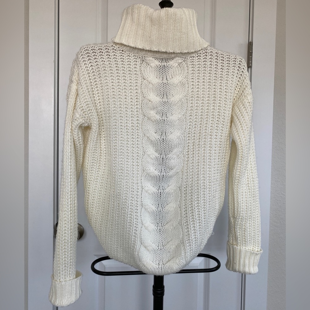 Cream-Colored Chunky Cable Knit Turtleneck Sweater